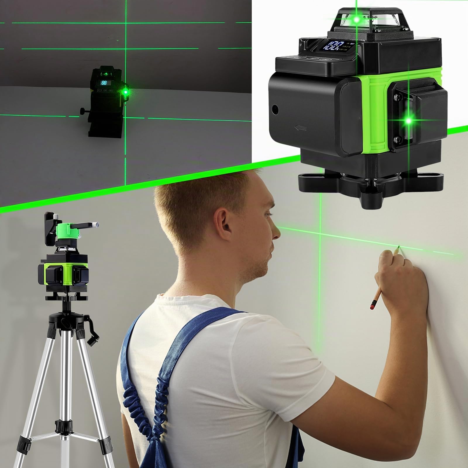 Nivel Láser 16 lineas, 4 x 360 Nivel Laser Autonivelante Verde 25m Alcance, Con1.5m Trípode,2 * 2400 mAh, Soporte de Pared, Plataforma Elevadora, Control Remoto (Verde)
