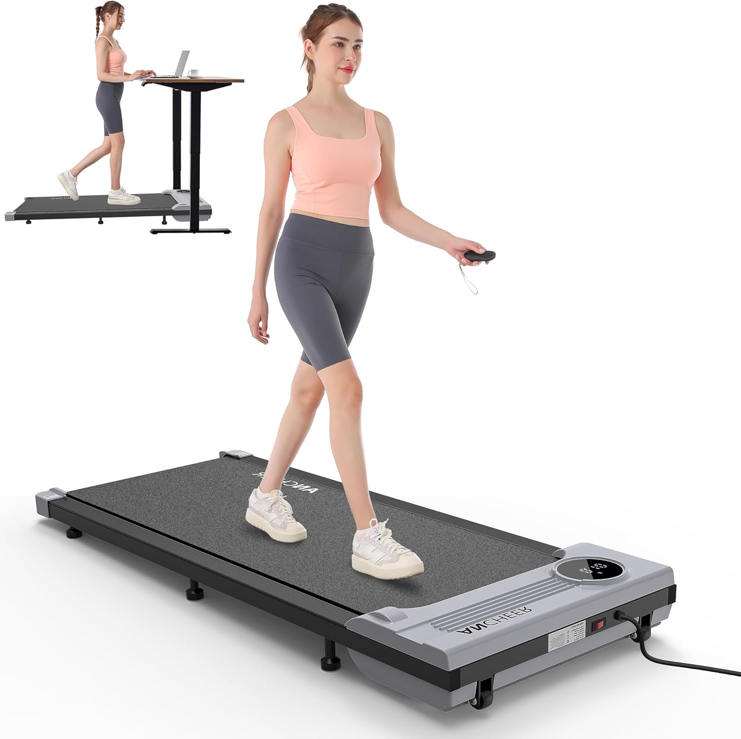 Ancheer under skrivebord tredemølle, spaserpute tredemølle med stigning, 2,5 hk bærbare tredemøller for hjemmet 300 lb kapasitet, smart app kontroll joggemaskin med fjernkontroll, installasjonsfri