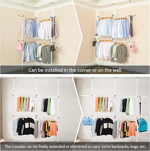 Miniatura 4 de Estante doble para ropa, estantes ajustables para colgar ropa, ropa de 2 niveles, ropa resistente, sistema independiente de armario blanco