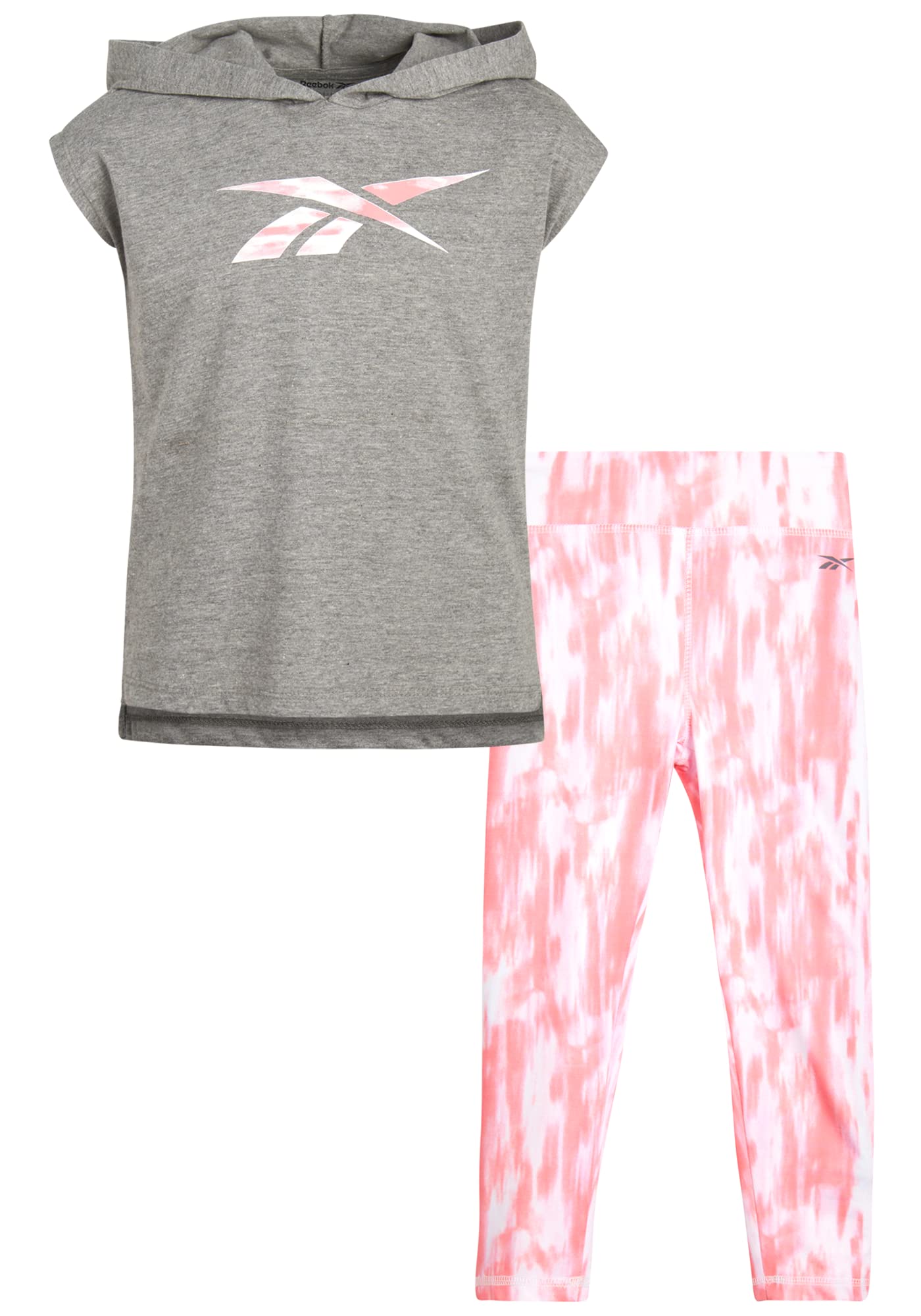 Reebok Conjunto de ropa deportiva para niñas, camiseta de manga corta y leggings de longitud completa para niños (2 piezas), Gris Jaspeado Medio/Tie Dye, 4, Gris Jaspeado Medio/Tie Dye, 4