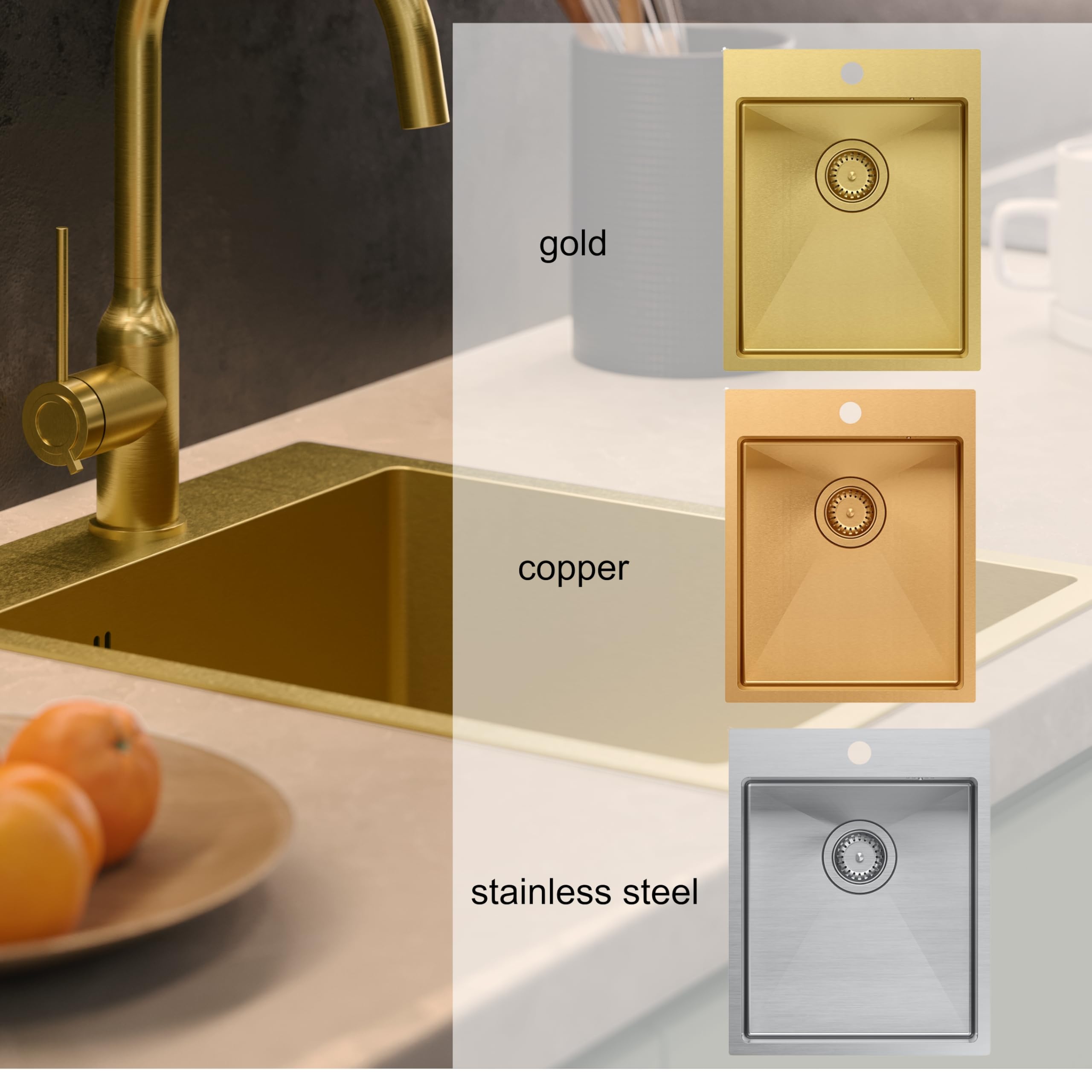 QUADRON fregadero plata | tamaño 40 x 50 cm | fregadero de un seno RUSSEL 90 fregadero de cocina de un seno con cámara de acero fregadero de acero inoxidable | con sifón y tapón de rosca
