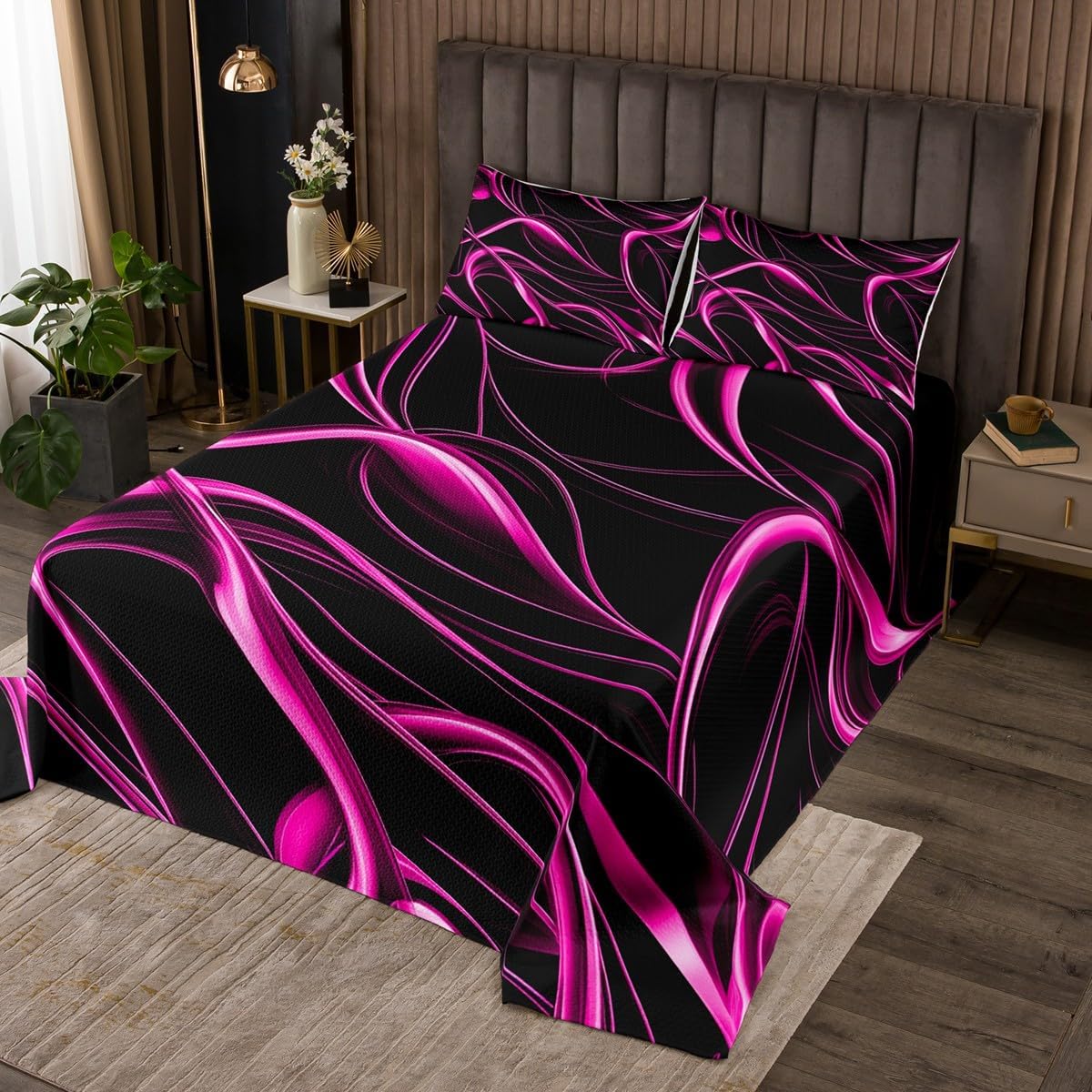 jejeloiu Kids Hot Pink Stripes Bedspread King Size Modern Abstract Coverlet Set for Boys Girls Teens Bedroom Decor Geometric Quilted Coverlet Soft Lightweight Microfiber Women Men with 2 Pillow Case