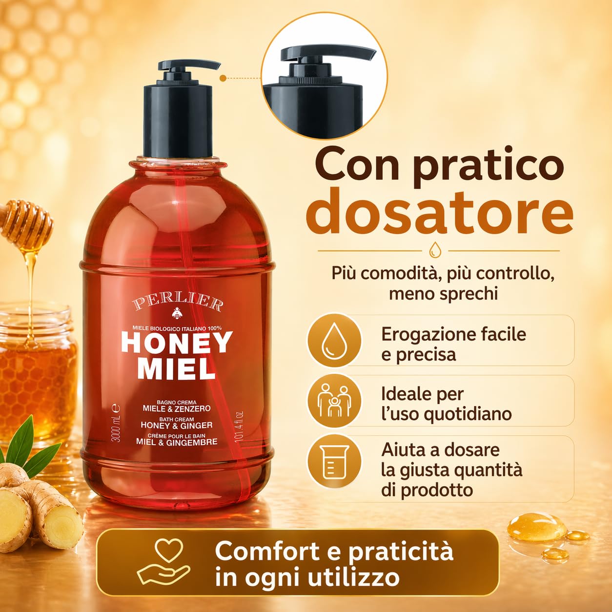 Perlier Honey Miel - Bagno Crema Miele e Zenzero, 3L