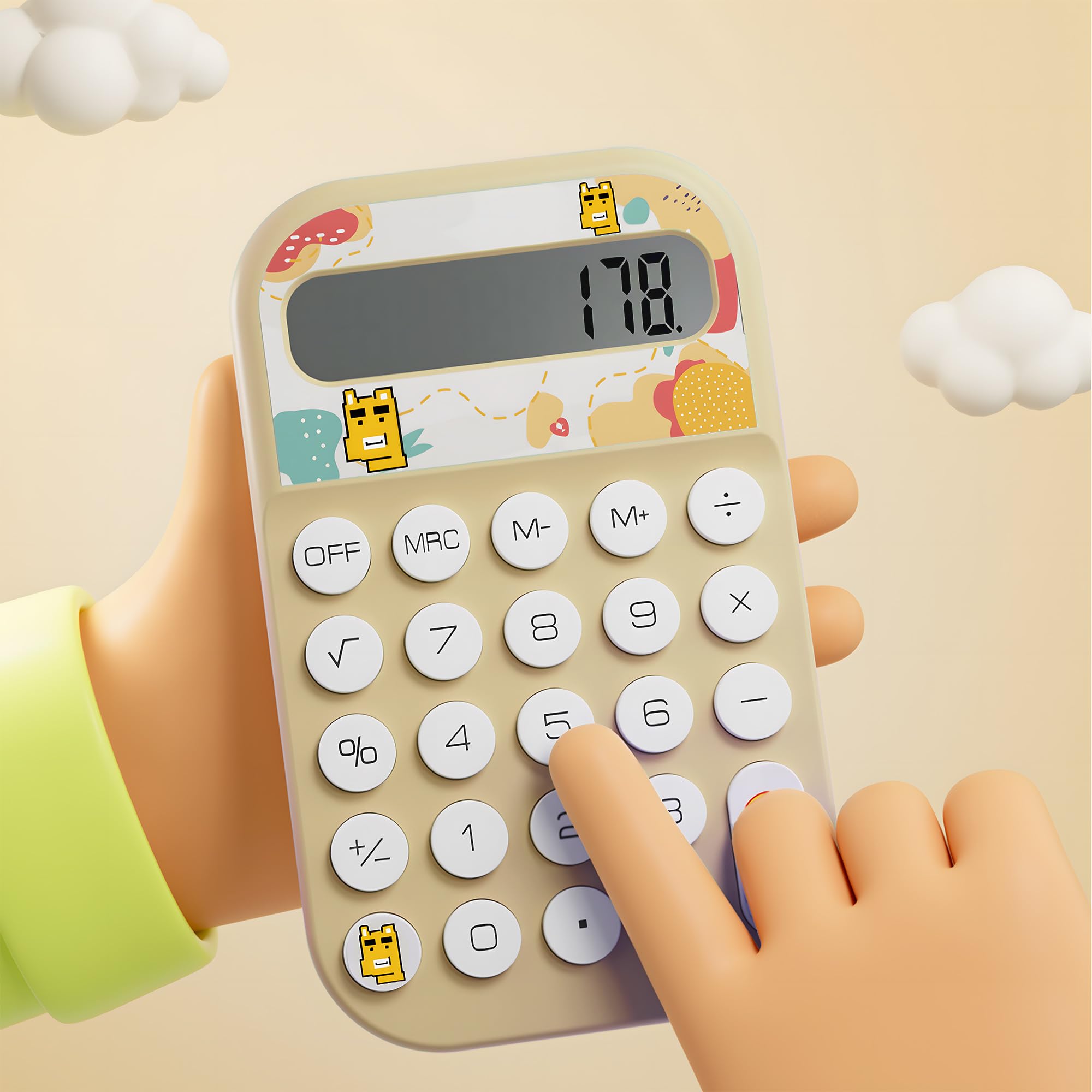 Exlliy Pocket Calculator, Kids 8 Digit Small Desktop, LCD Display, Cute & Aesthetic Mini Calculator (Beige, S)