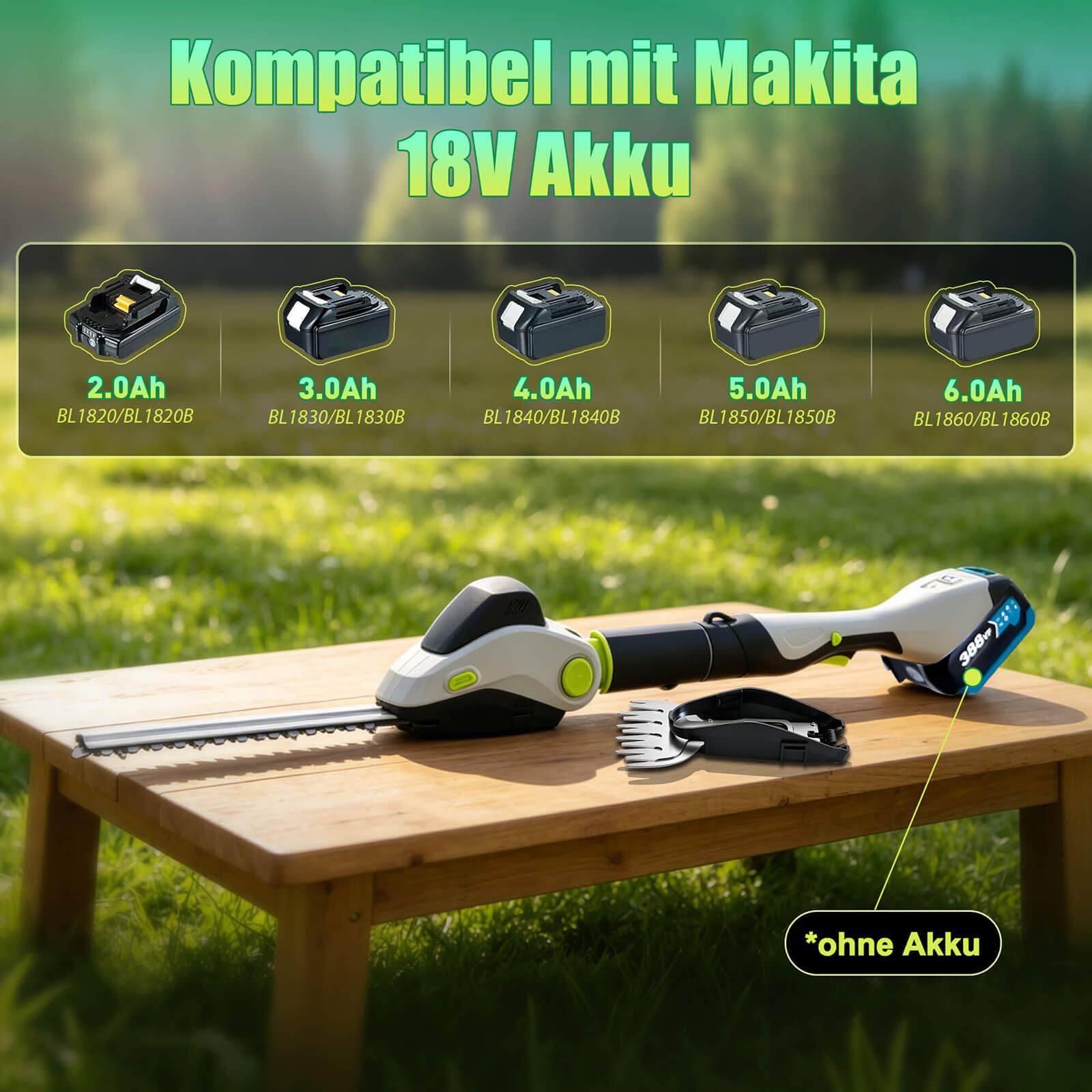Akku Grasschere und Strauchschere für Makita 18V, 13cm Grasscherenmesser, 30cm Strauchscherenmesser,mit abnehmbarem Teleskop Stiel & 110° verstellbarem Winkel (Grau Ohne Batterie)