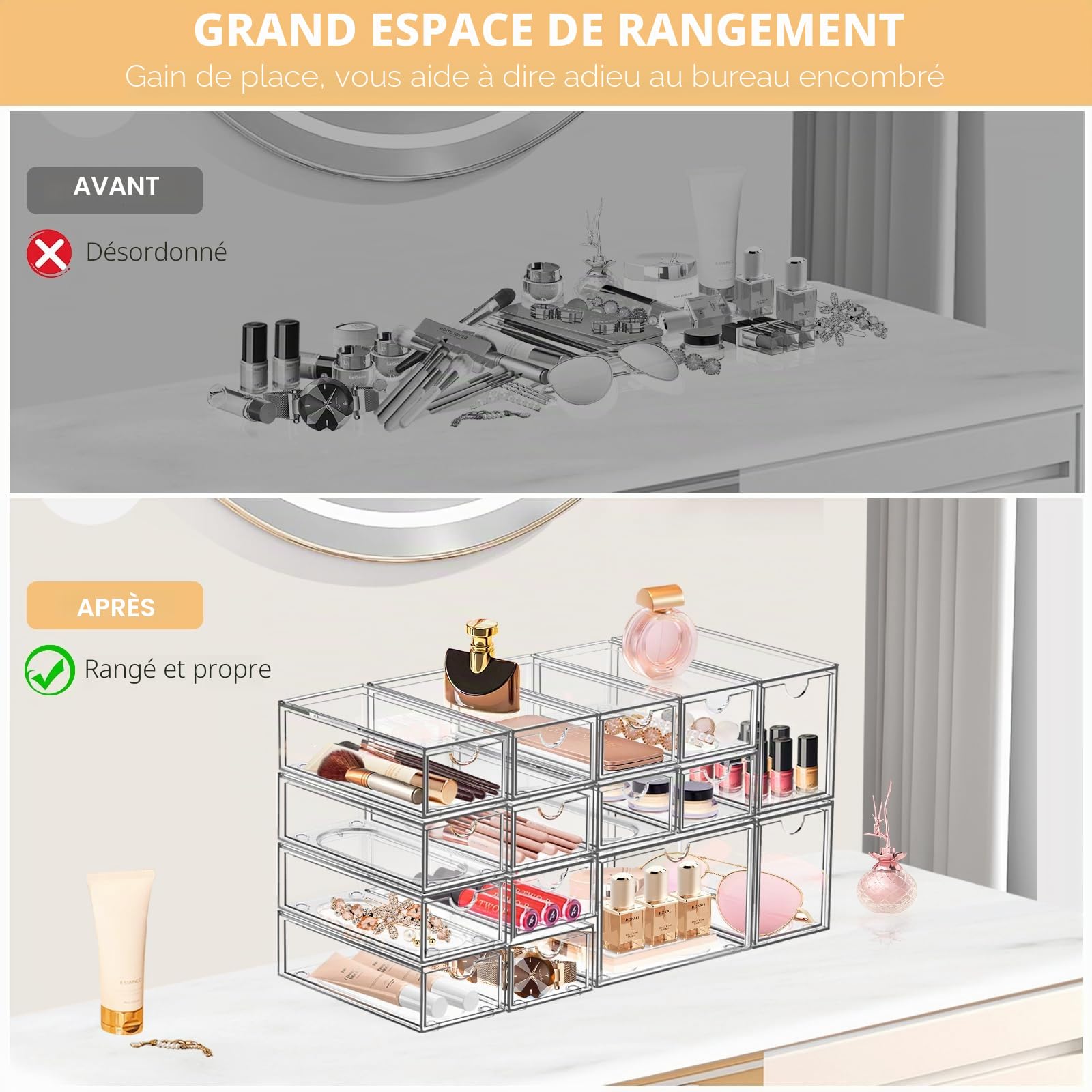 Lot de 7 tiroirs de rangement empilables en acrylique transparent avec 7 tiroirs de rangement pour bureau, salle de bain, chambre à coucher