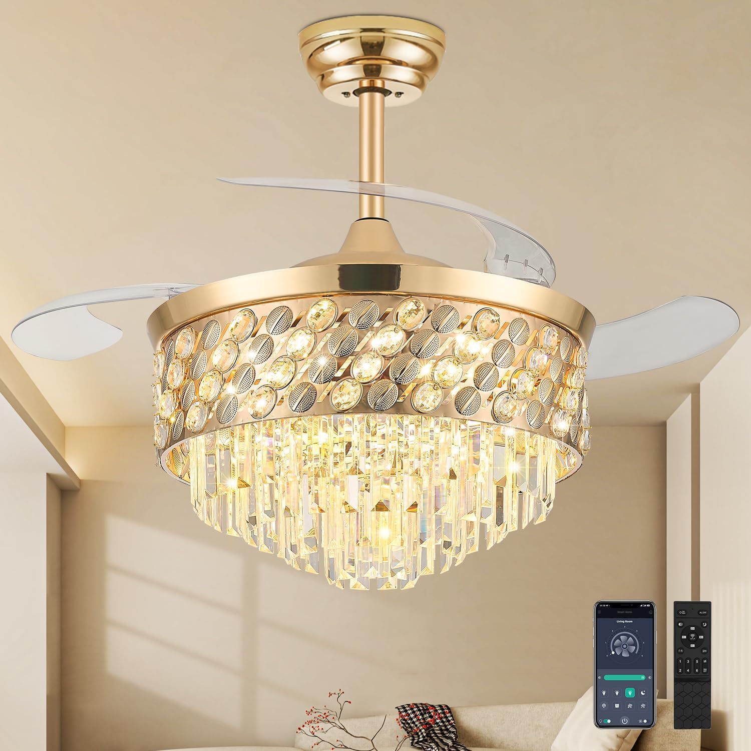 Fandelier Ceiling Fan with Light, 42" Retractable Ceiling Fan with Lights Crystal Chandelier Fan, LED Dimmable Ceiling Fans Chandeliers for Bedroom Living Room, DC Motor, 6 Wind Speed - Gold