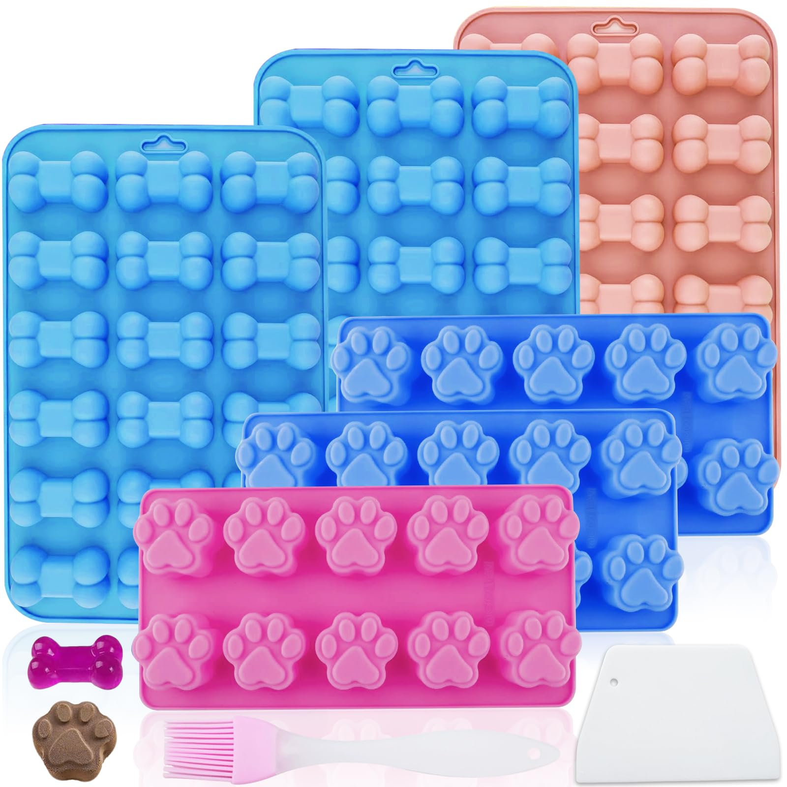 6 tappetini da forno per biscotti per cani, in silicone, senza BPA | Tappetino per dolcetti per cani, con spazzola e raschietto, per dolcetti fai da te, cioccolato, biscotti, cubetti di ghiaccio