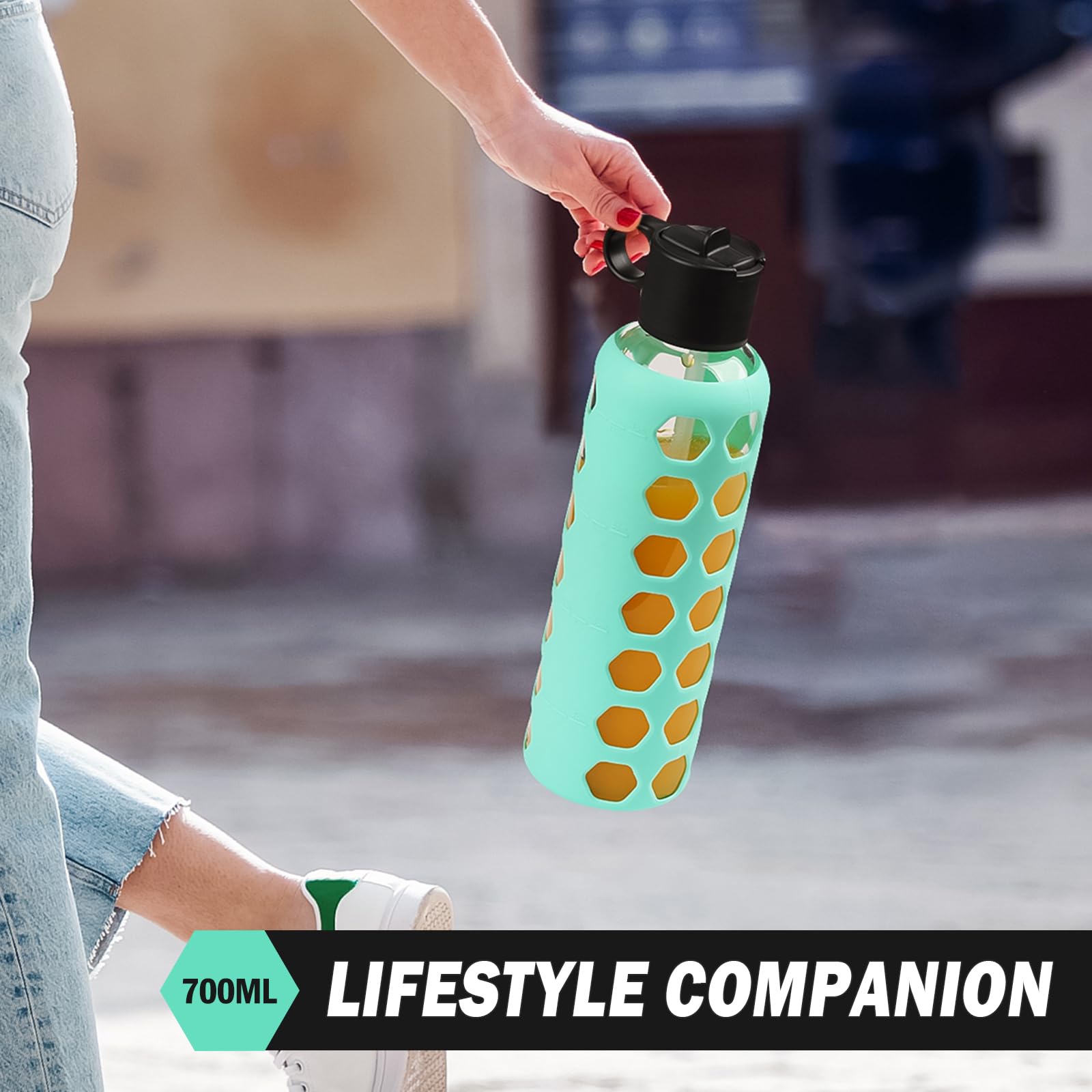 BLUEGO Borracce in vetro, 700ml Bicchiere in vetro, Bottiglie per bere con 2 coperchi, Bottiglia per l'acqua sportiva con custodia in silicone, A prova di perdite, Verde