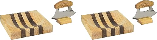 Alaska Ulu - Juego de cuchillos curvos con mango de madera más tabla de cortar con cuenco, herramienta basculante fácil de usar para ensaladas y