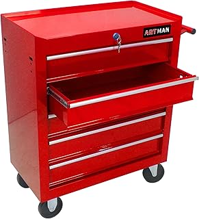 5-Drawer Workshop Tool Chest with Wheels and Lockable Drawers, Heavy Duty 220 LBS Capacity Rolling Tool Cart, Cold Rolled Steel Storage Organizer Tool Box for Warehouse, Garage, Repair Shop - RED