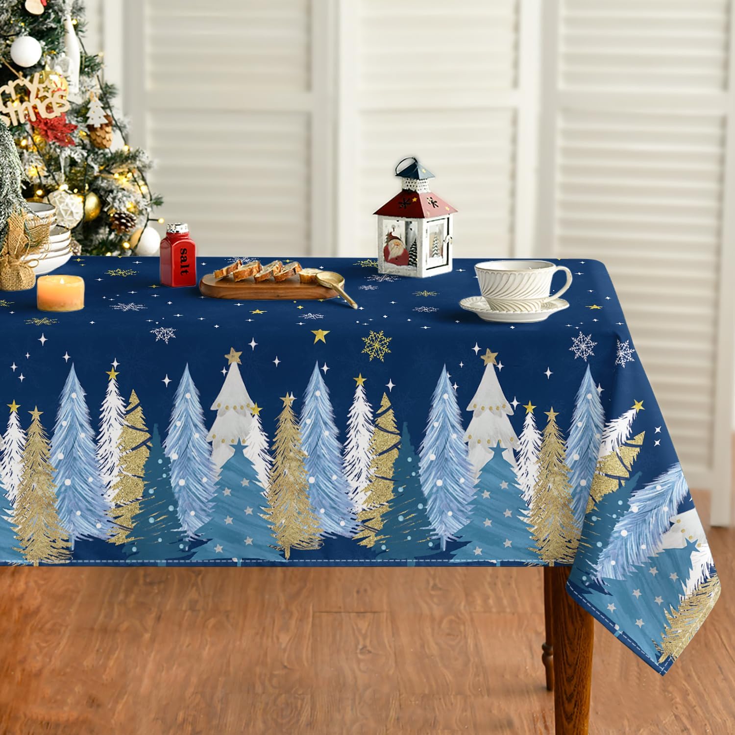 Horaldaily Christmas Tablecloth 60x120 Inch Rectangular, Christmas Trees Blue Grey Washable Seasonal Table Cover for Party Picnic Dinner Decor 60" x 120" (Rectangular) Blue Grey