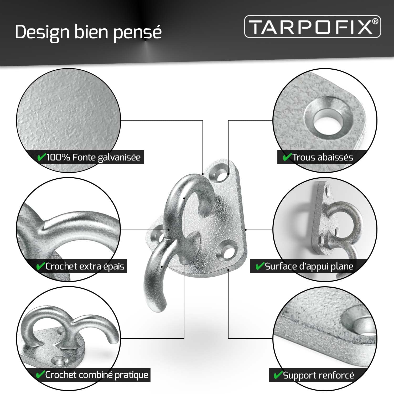 Tarpofix® Crochet arrimageà trois trous rivets incl. pour bâche de remorque & filet de remorque (10 pcs) | Accessoire pour remorque à trois trous en fonte galvanisée - anneau d'arrimage à trois trous