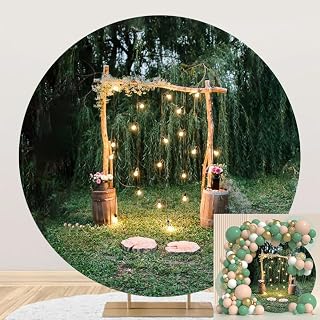 6x6ft Rustic Style Wedding Round Backdrop Cover Outdoor Arch Doors Engagement Ceremony Park Forest Photography Background for Wedding Bridal Shower Lover Couples Portrait Photo Shoot Props