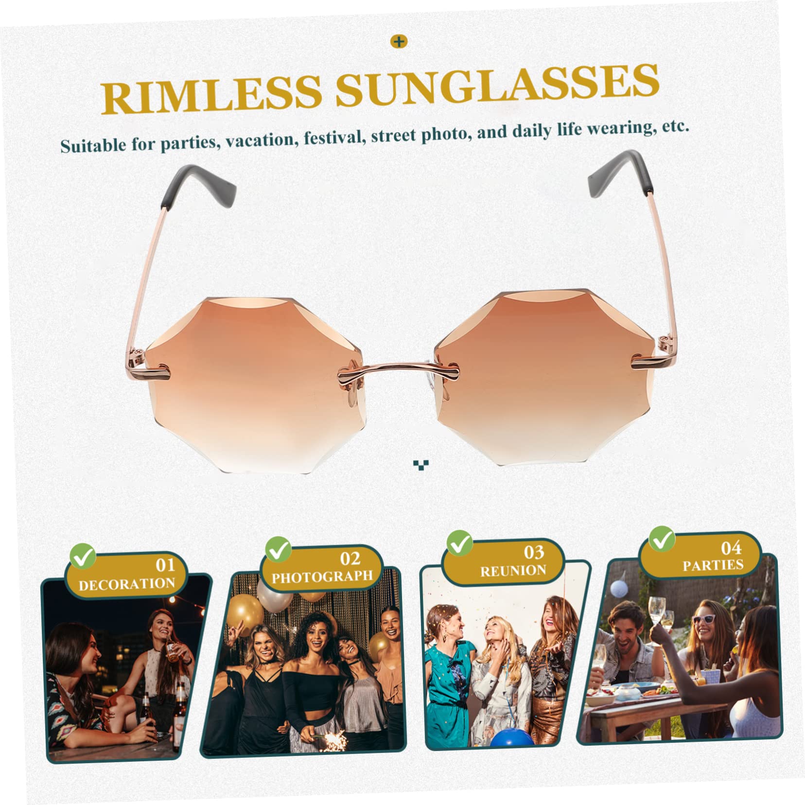 SHERCHPRY 4pezzi Occhiali Da Sole Rimless Poliedrici Per Feste Eyewear Per Uomini e Donne Per Shopping e Eventi Estivi Lenti Leggere e Resistenti