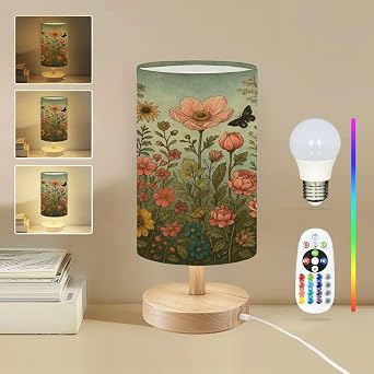 Round Table Lamp for Bedroom Ancient Encyclopedia Magic Flora Poster Beside Lamps Desk lamp with Wood Base Nightstand Lamps for Nursery Living Room Home Decor