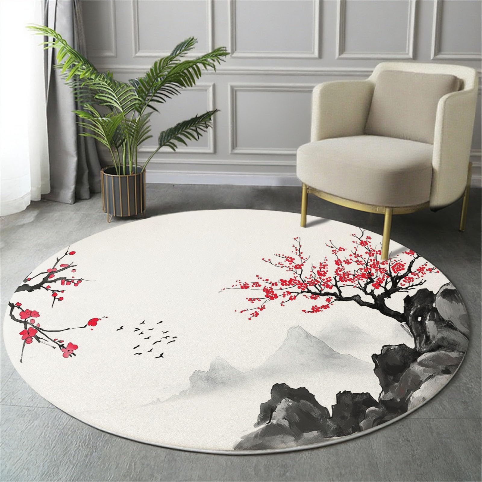 Tapis rond lavable en machine et antidérapant imprimé fleurs de prunier 160cm