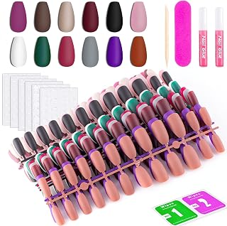 12 Solid Color Matte Short Coffin False Press On Nails Pack #1, 288PCS Acrylic Medium Length Ballerina Nail Tip Kit for Women with Stickers Tabs, Prep Pads, Nail File and Cuticle Stick