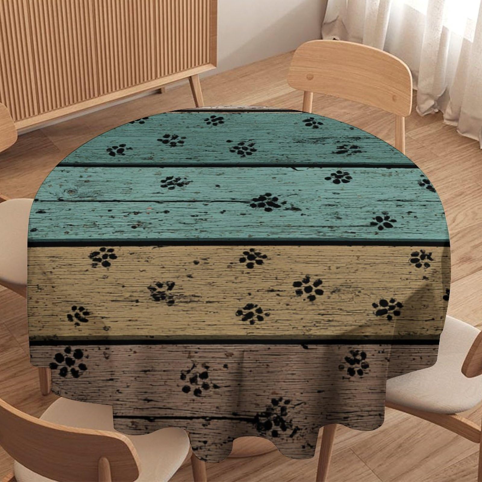 LUYYSKY Cute Vintage Paw Print Waterproof Round Tablecloth Fantasy Funny Wooden Board Animal Paw Prints Washable Table Cover for Kitchen-127 Wx127 L cm