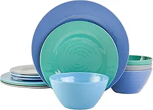 Gibson Home Brist Melamine Plastic Dinnerware Set, Service for Four (12pcs), Blue