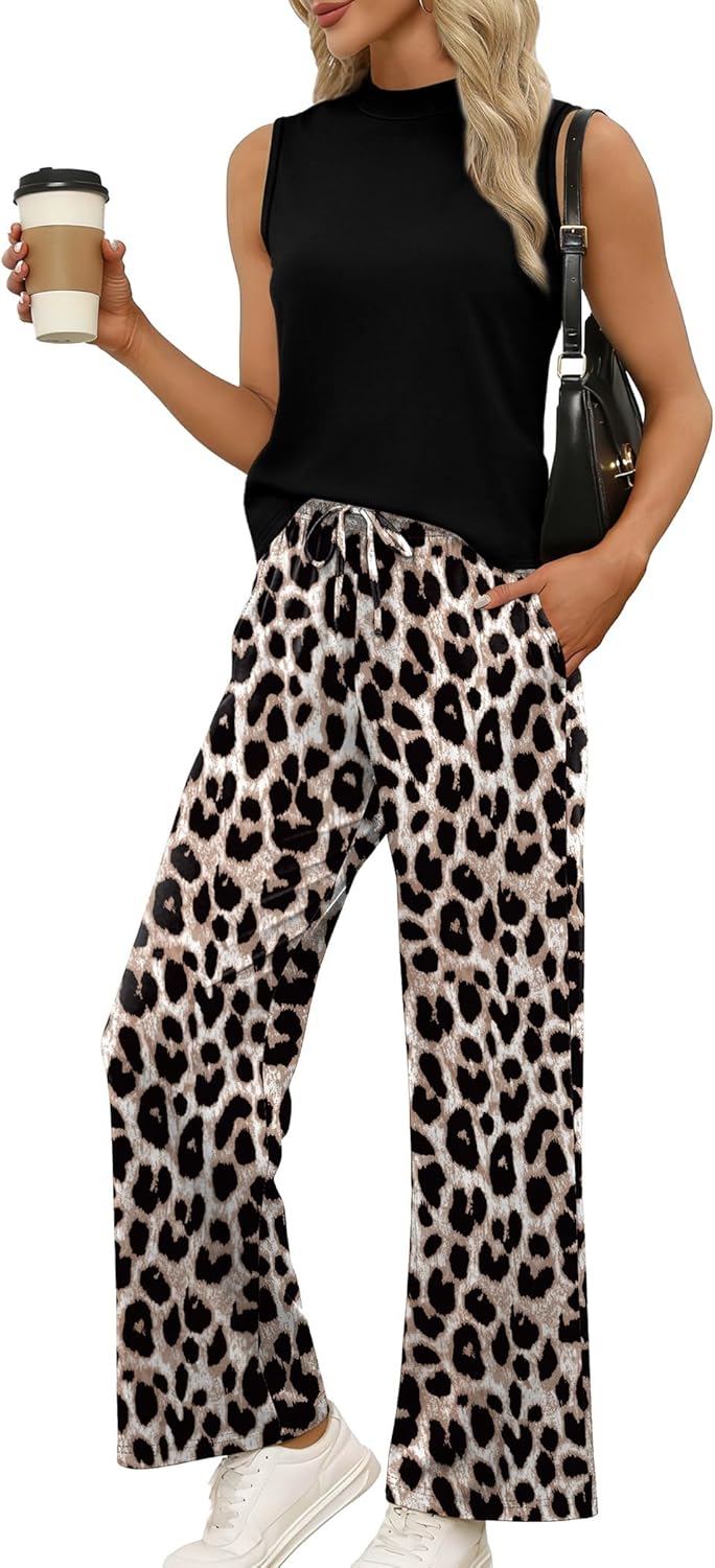 WIHOLL Two Piece Set for Women Summer Spring Outfits Cruise Travel Airport Beach Vacation Mock Neck Wide Leg Pants Set - Image 2