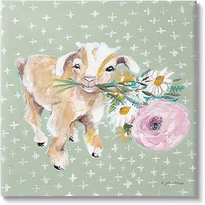 Stupell Industries Attentive Buckling Goat Offering Flowers Studded Backdrop, Design by Jessica Mingo, 36 x 36, Green