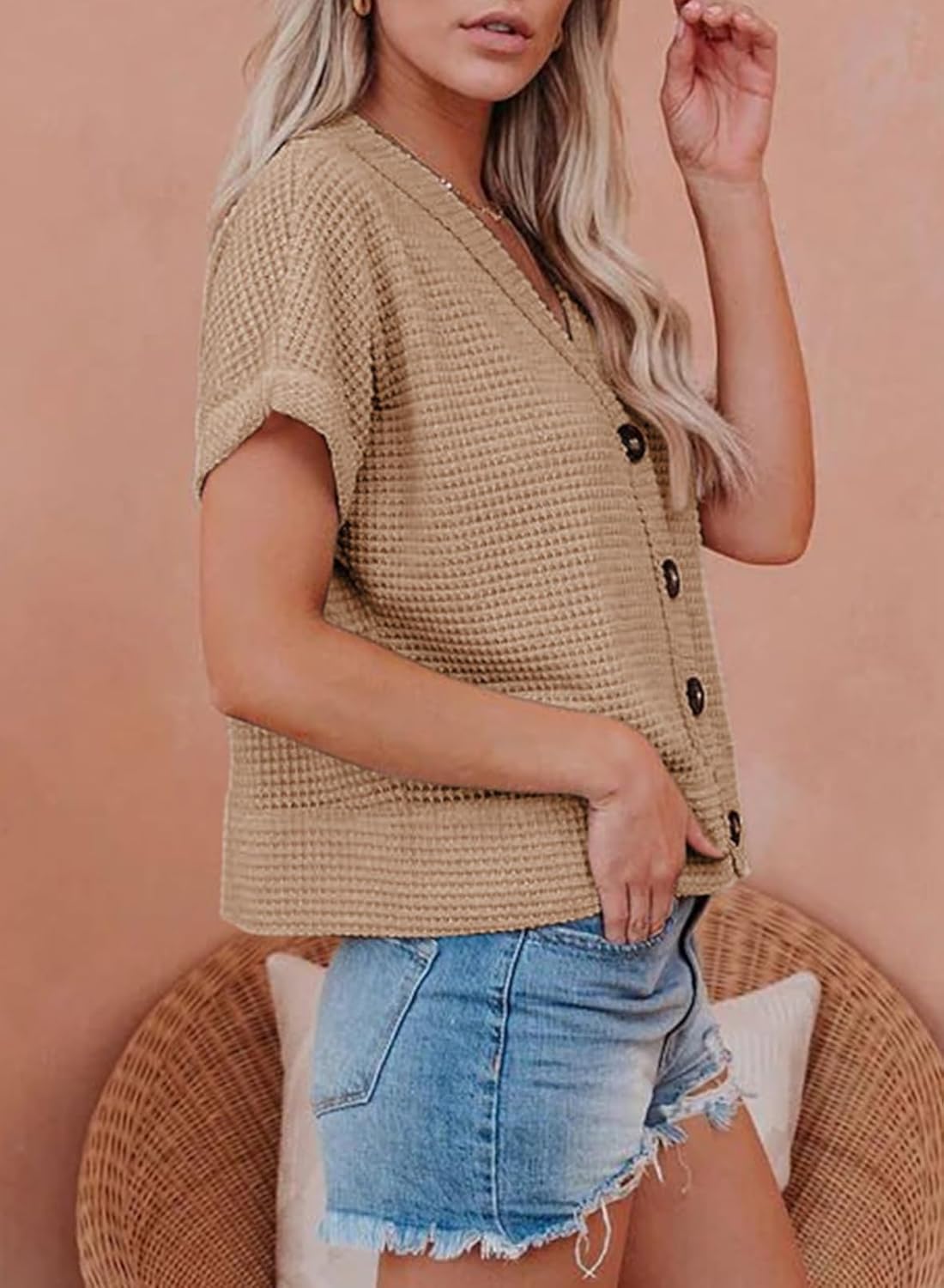 Dokotoo Womens Summer Tops 2026 Waffle Knit Button Down Shirts Casual V Neck Short Sleeve Shacket Jacket Dressy Blouses - Image 3