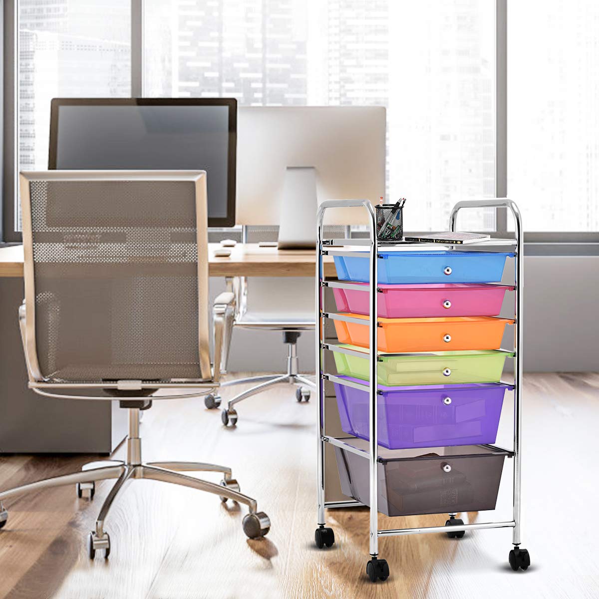 GOPLUS Rollwagen mit 6 Schubladen, Rollregal Farbig, Küchenwagen mit Rädern, Beistellwagen Haushaltswagen Rollcontainer Badrollwagen Badtrolley Badregal