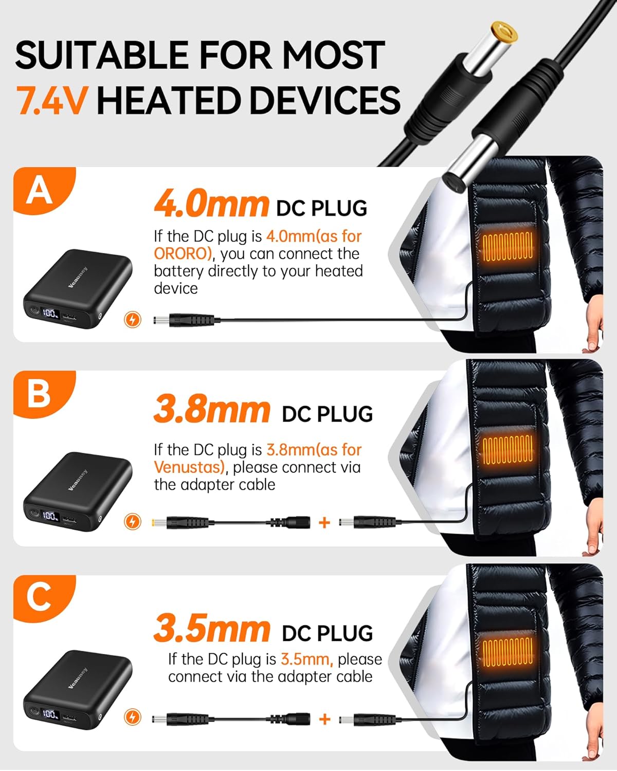 7.4V 5V 18400mAh Heated Vest Battery Pack Compatible with ORORO, 7.4V Battery Pack for Heated Vest, with LED Display Portable Power Bank for for Weamest, for TODWARM, for Wulcea(No for 12V) - Image 3