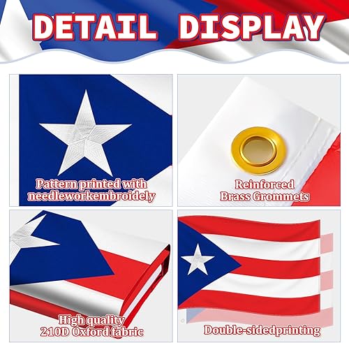 Miniatura 3 de Bandera de Puerto Rico de 3 x 5 pies para exteriores, tela de poliéster 210D resistente  Estrella bordada y cuatro filas cosidas extremos con 2