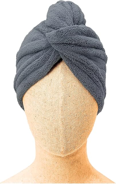Dazzle Collection® 100% COTTON Hair Turban Towel Dry Hair Towel Wrap Lightweight Turban Cap with Loop and Button Fastener Absorbent Dry Hair Quickly for Women (68 cm x 27 cm, Grey)