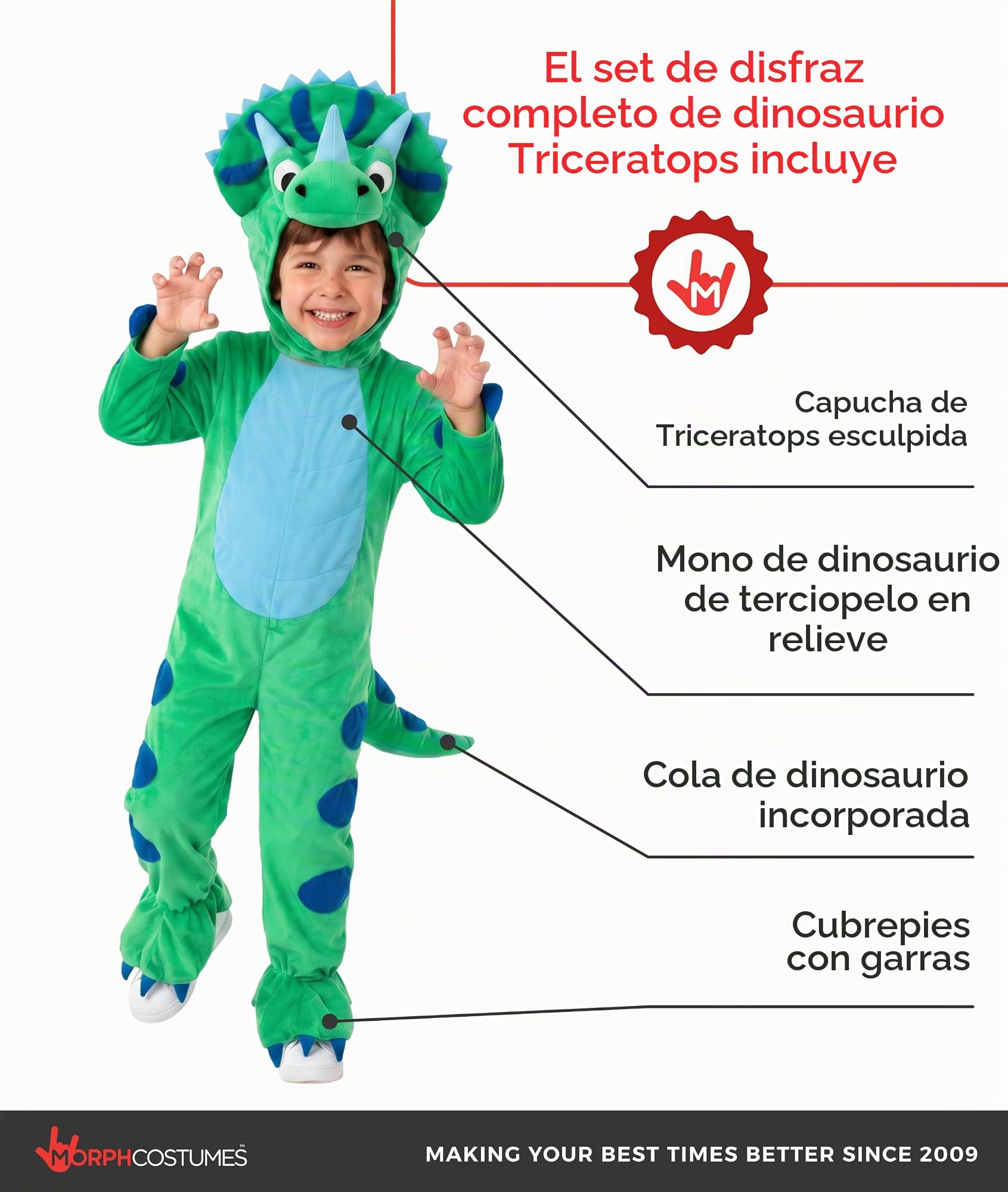 Morph Disfraz Dinosaurio Niño, Disfraz Triceratops Halloween Niño | Mono con Pies y Cola & Capucha de Triceratops, Para Poner, Perfecto para Halloween, Ideal para Juegos de Rol