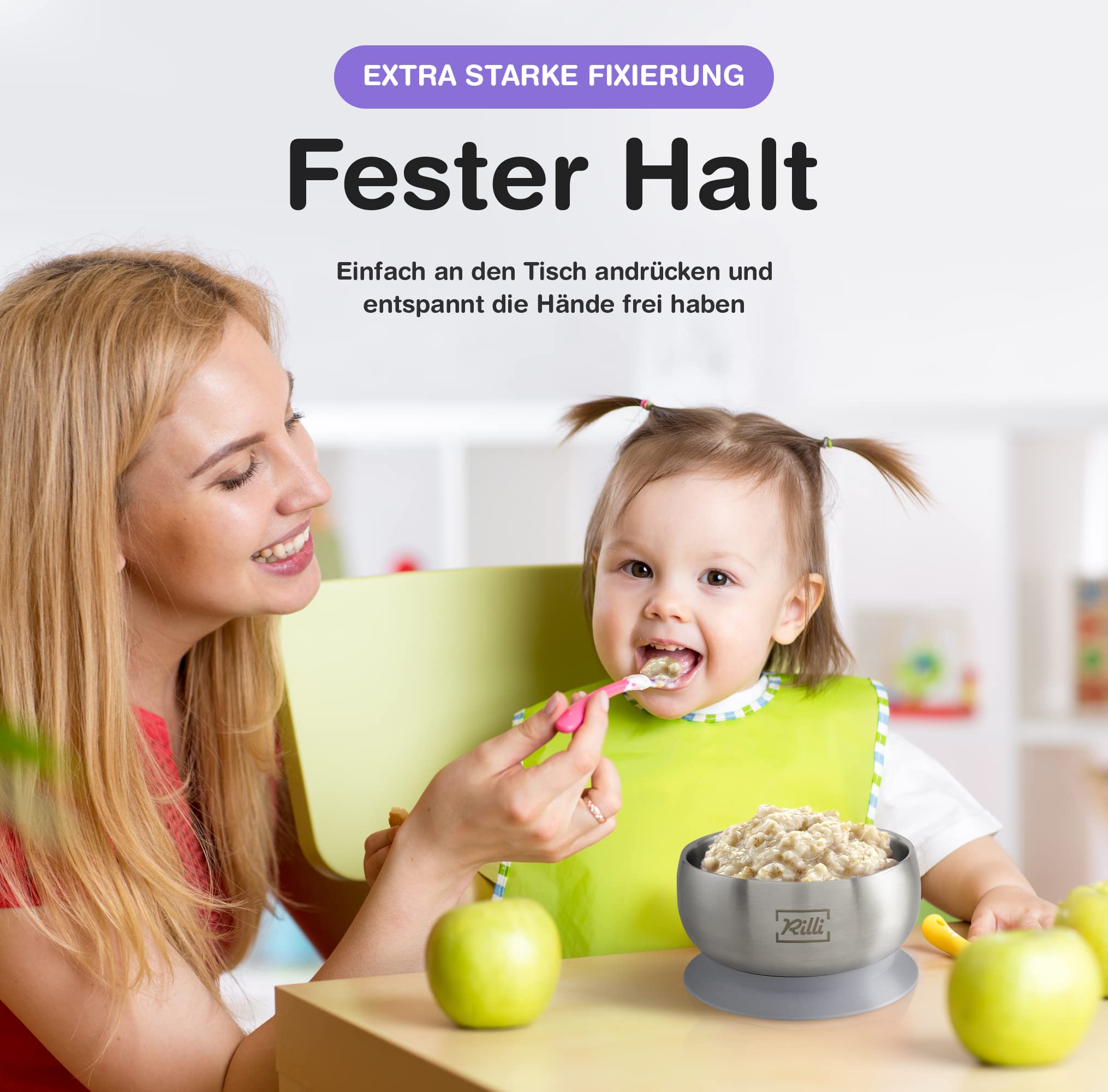 Rilli Bol à ventouse - Bol à fruits ou à largeur - Bol en acier inoxydable avec couvercle en silicone - Harnais antidérapant pour bébé - Ventouse moderne