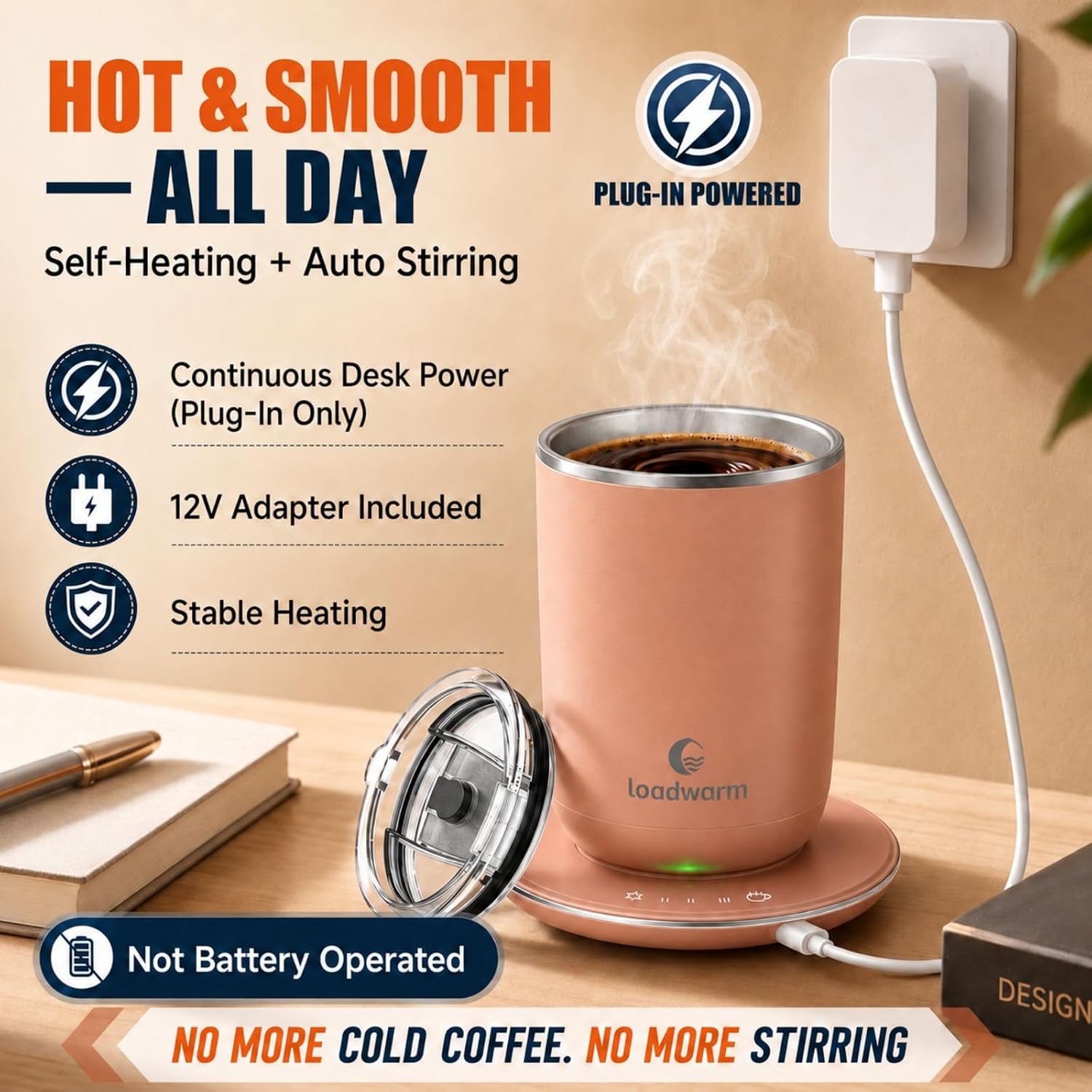 Self Heated Stirring Coffee Mug, 10oz Auto Mixing Cup with Warmer, Rose | 3 temp settings, food-grade stainless steel interior, 8-hour auto shut-off, plug-in desk mug with Warmer for office home