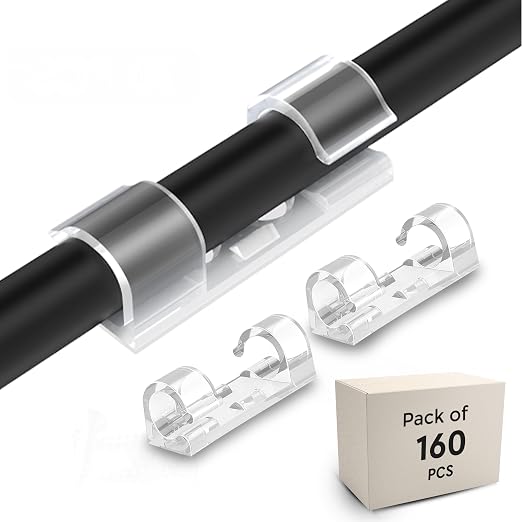 Robustt Cable Organizer Clips - Transparent | Strong Self Adhesive | 160 Pcs | ABS Material | Cord Hook with 3M Foam | Cable Organizer for Desk, Wall, Car, LED Lights, Office Cable Management
