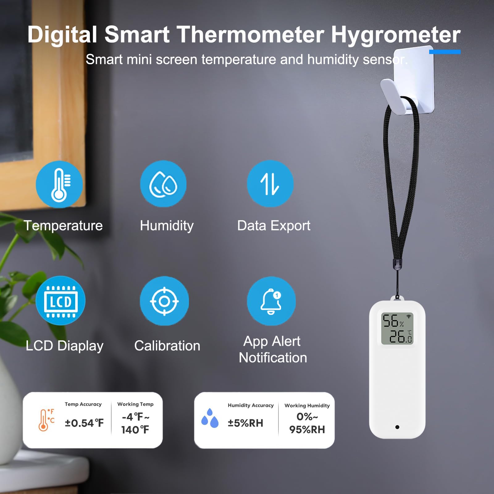 Termometro Igrometro Intelligente Digitale, Sensore di Temperatura e Umidità WiFi con Fodera Magnetica Autoadesiva, Sensore di Temperatura di Calibrazione con Notifiche dell'App.Compatibile Alexa.2PCS