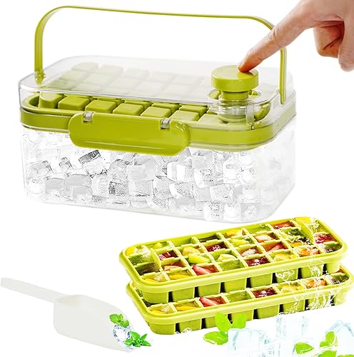 Bandeja para cubitos de hielo con tapa y contenedor, paquete de 2 bandejas de hielo para congelador con cuchara de hielo, fácil de usar y almacenar,