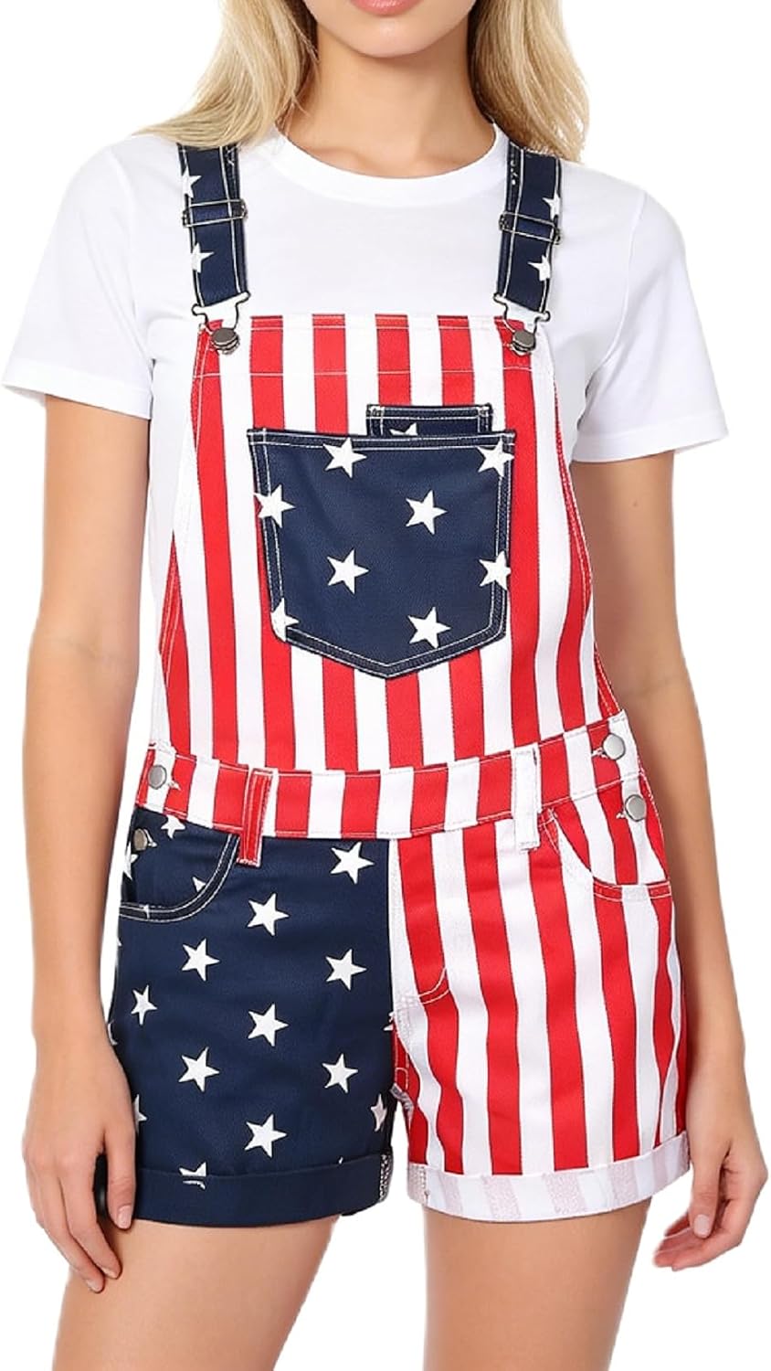 Women American Flag Overalls Denim Adjustable Bibs Romper Striped Stars Jumpsuit USA 4th of July Patriotic Outfit