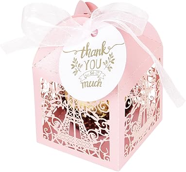 BUNCHBRAVO Eiffel Tower Candy Boxes with Ribbon and Tags, 50-Piece Set, Pearl Laser Cut Favor Boxes for Wedding Bridal Shower Anniversary Birthday Party Pink