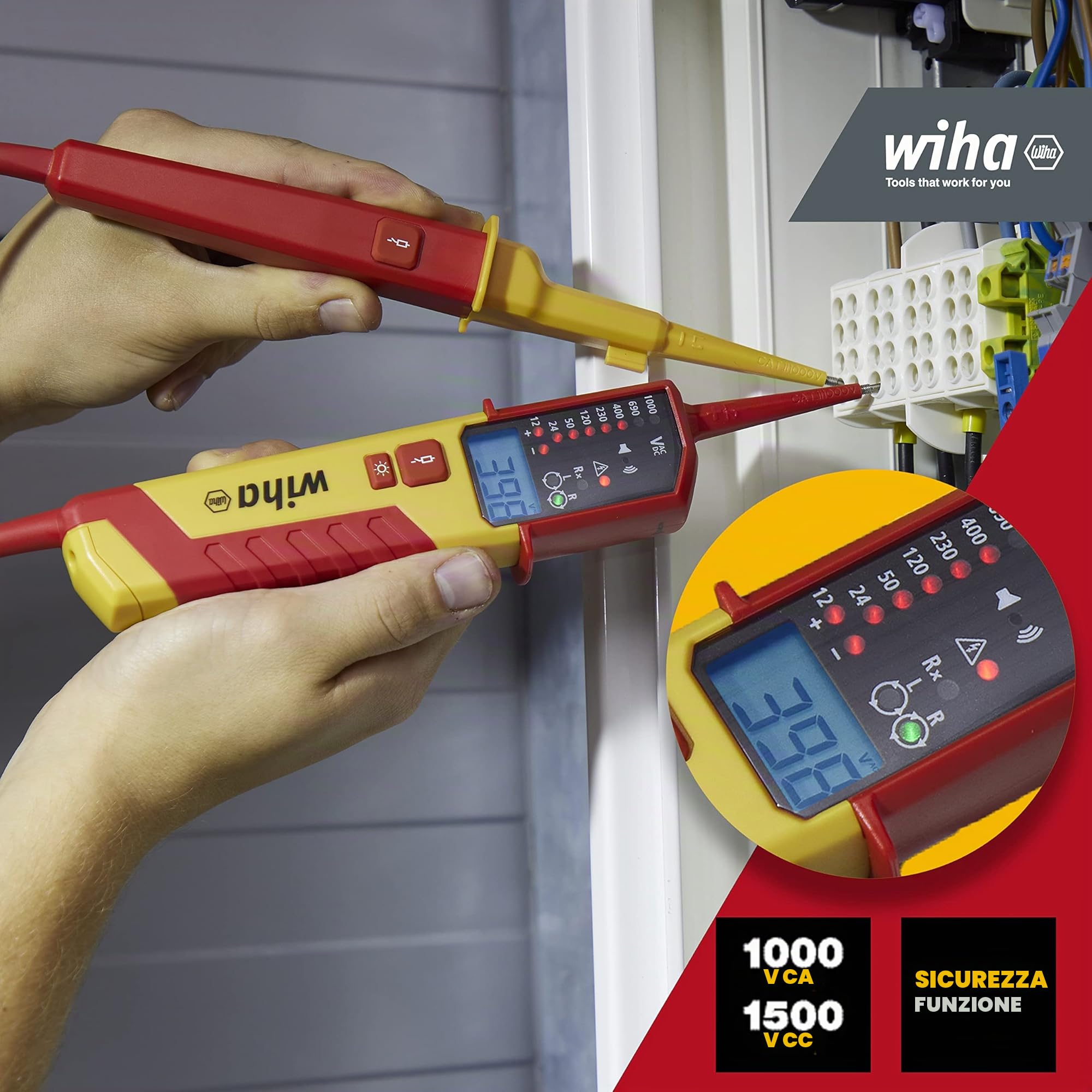 Wiha Tester di tensione e continuità 1.500 V, CAT IV con 2 batterie AAA, compatibile con fotovoltaici, LED/LCD (45217), rosso/giallo | (45217) Tester di tensione e continuità I CAT IV incl. 2 batterie AAA I display LED I tester di tensione bipolare