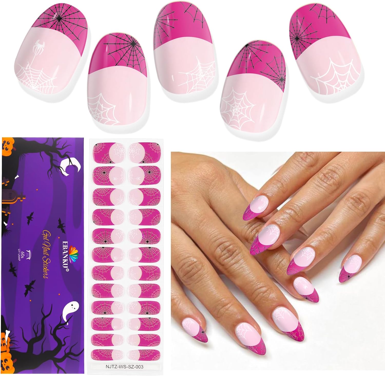 EBANKU Halloween Semi Cured Gel Nail Strips, 24PCS Halloween Gel Nail Stickers Long Lasting Gel Nail Strips- Easy to Apply and Remove for Salon Quality Manicure