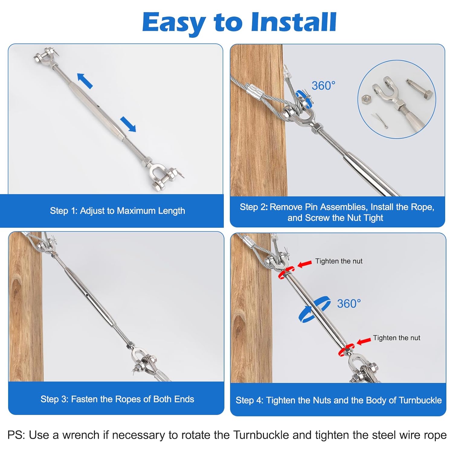 4PCS Turnbuckle, 1/4" (M6) 304 Stainless Steel Turnbuckle, 1600lbs Working Load Limit, Closed Body Jaw and Jaw Turnbuckles for Cables Wire Tensioning, Shade Sail, Clothesline, String Lights - Image 6