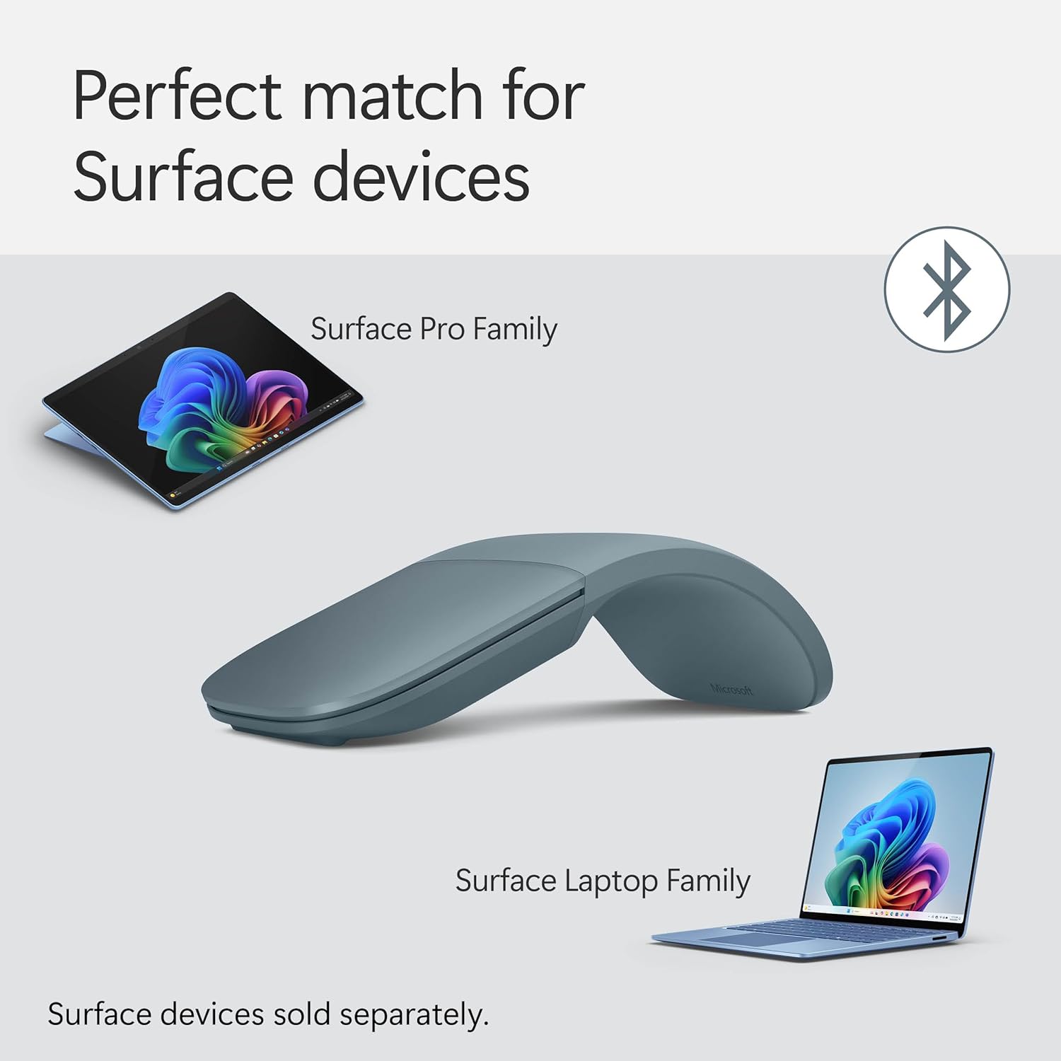 Microsoft Surface Arc Bluetooth Mouse, Ultra-Slim and Lightweight, Snaps Flat for Portability, Full Scroll Plane, Compatible with Windows 11, Battery Included – Ocean