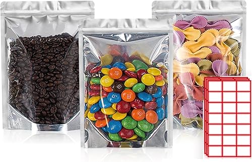 BELLE KR Bolsas de Mylar para almacenamiento de alimentos con 7.5 mil de grosor, paquete de 100 bolsas de Mylar transparentes autoresistentes con