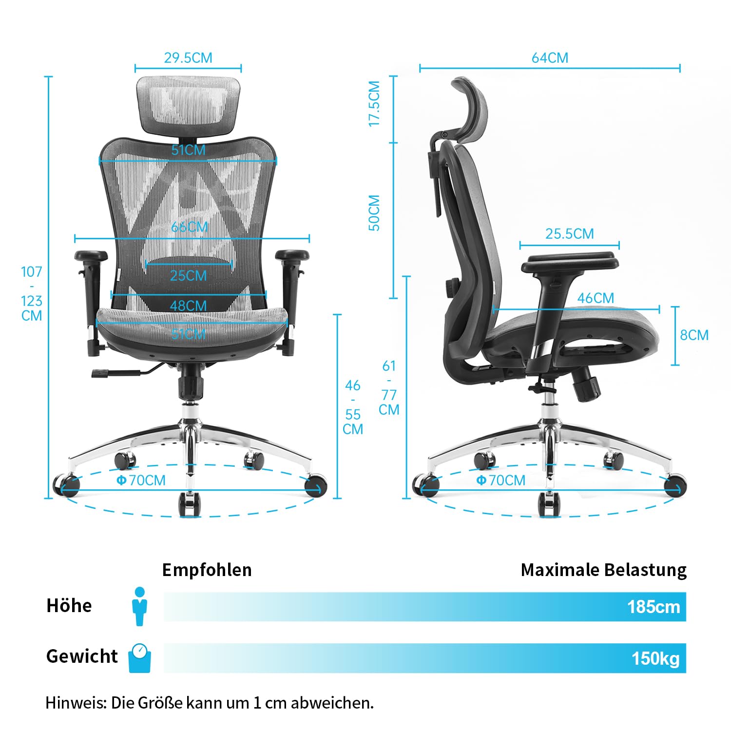 SIHOO Ergonomischer Bürostuhl, Chefsessel mit 3D verstellbare Armlehne und Lendenwirbelstütze, Hautfreundliche Netz-Hochlehne, Schreibtischstuhl bis 150kg/330LB Belastbar (Grau)