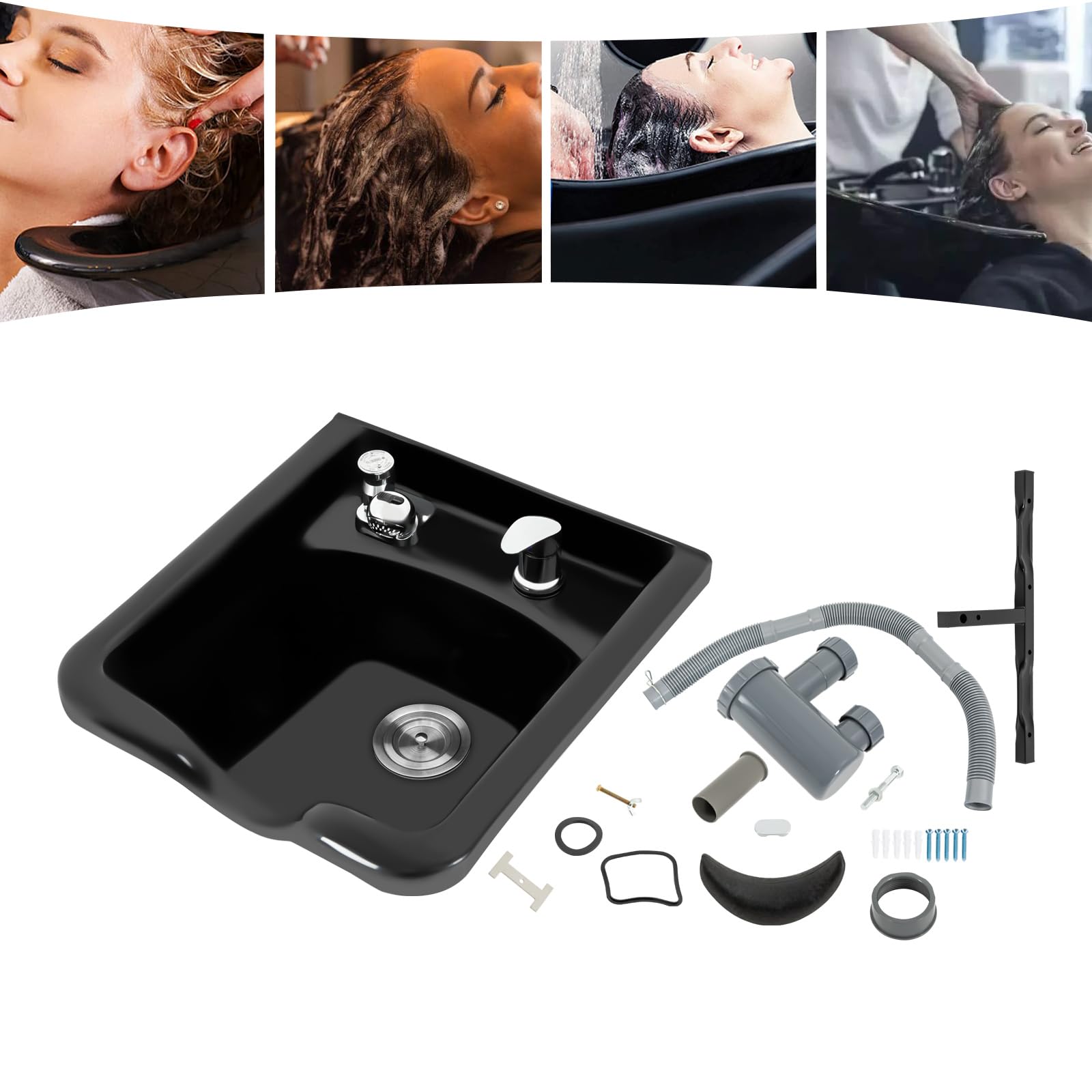 Salon Shampoo Waschbecken, Mobiles Waschbecken Friseur, Schwarz ABS Kunststoff Shampoo Becken mit Wasserhähne und Schläuche, Haarwaschbecken, 47.5x49x25cm