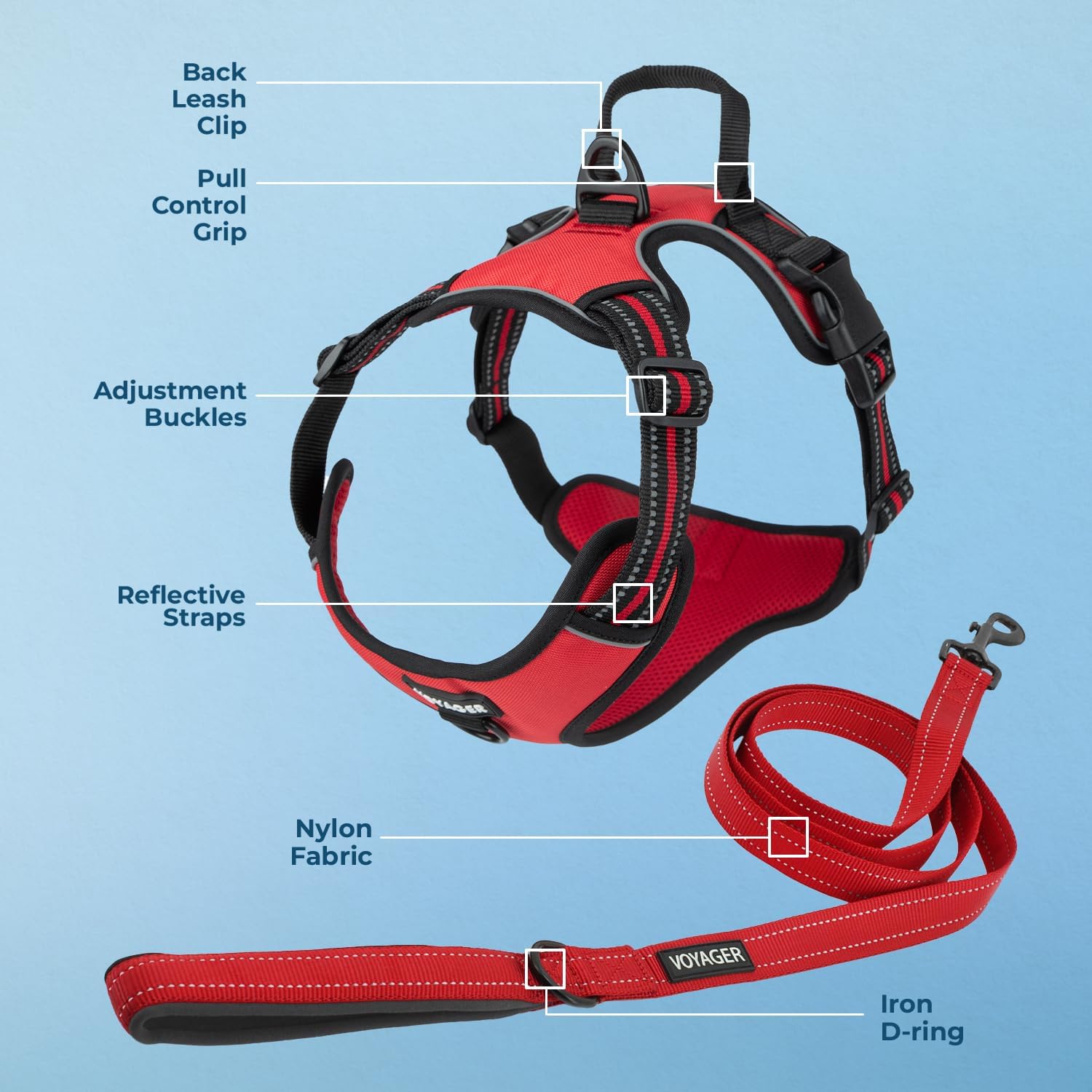 Voyager Dog Harness Dual Leash Attachment No-Pull Control Adjustable Soft but Strong Pet Harness for Medium and Large Dogs with 3M Reflective Technology, Leash Set Red Nylon, M (Chest: 20-25")