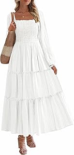 Fall Dresses for Women 2025 Casual Long Sleeve Smocked Ruffle Flowy Elegant Wedding Guest Maxi Dress Pockets