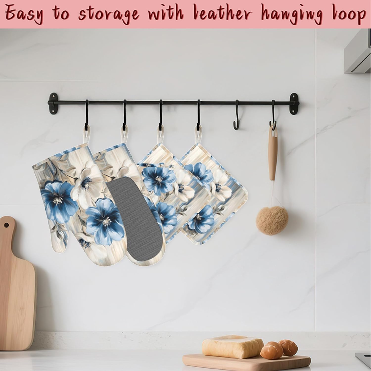 Flower Heat-Resistant Silicone Oven Mitts and Pot Holders,Flower on Marble Art Long Oven Gloves with Non-Slip Grip for Cooking, Baking, Grilling,BBQ