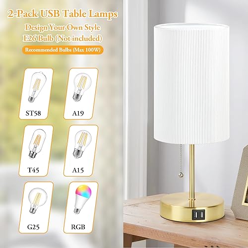 Miniatura 4 de 2 juegos de lámparas de mesa con 2 USB, lámparas minimalistas para dormitorio, lámparas de mesita de noche con cadena de tracción, lámparas de